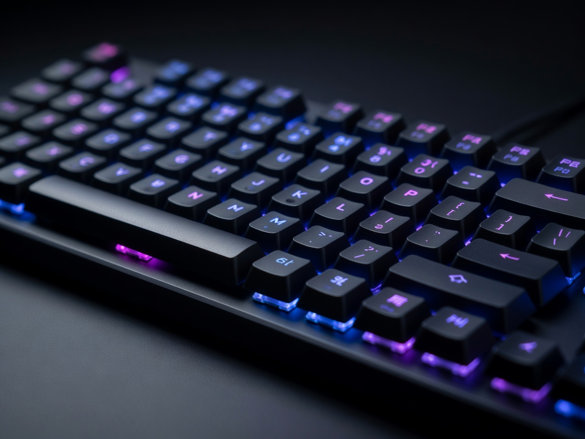 Close up view of custom mechanical gaming keyboard with RGB lighting