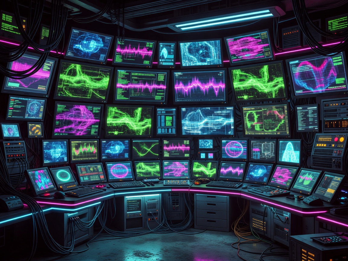 Cyberpunk neon command center setup with multi screens
