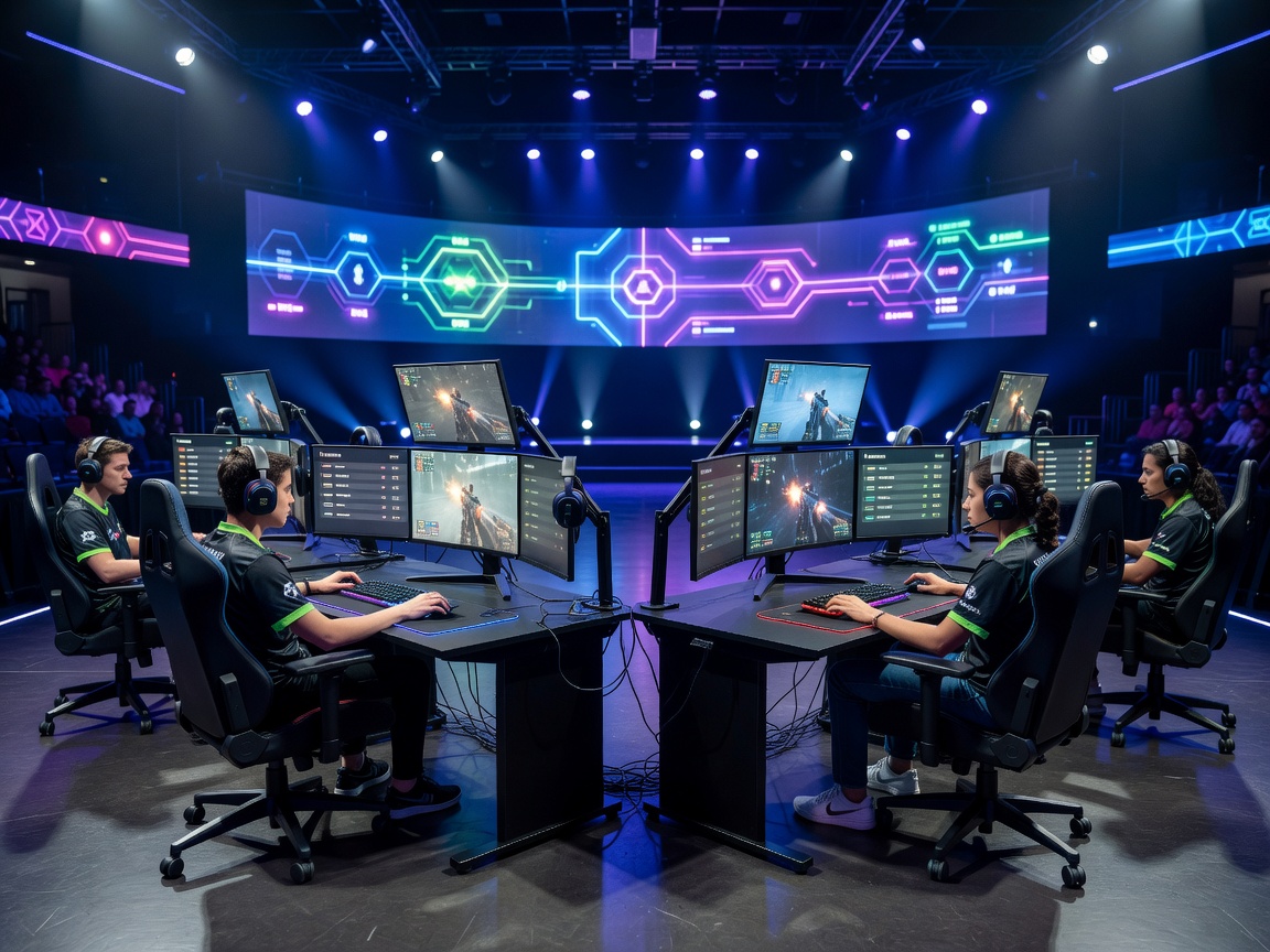 Esports arena stage with tactical gaming setups