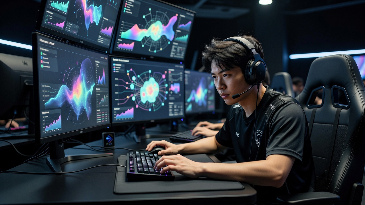Esports tactical player analyzing match data on high refresh rate monitors