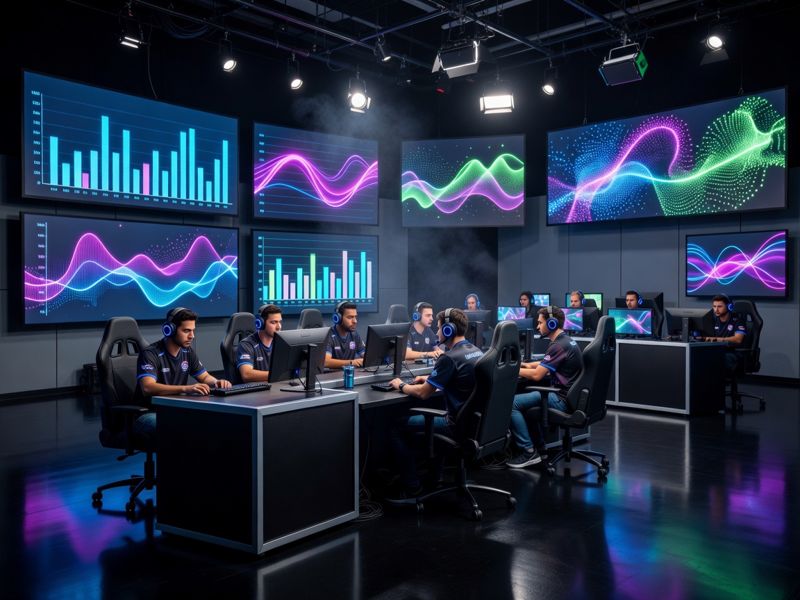 Esports tournament broadcast studio with glowing stats displays