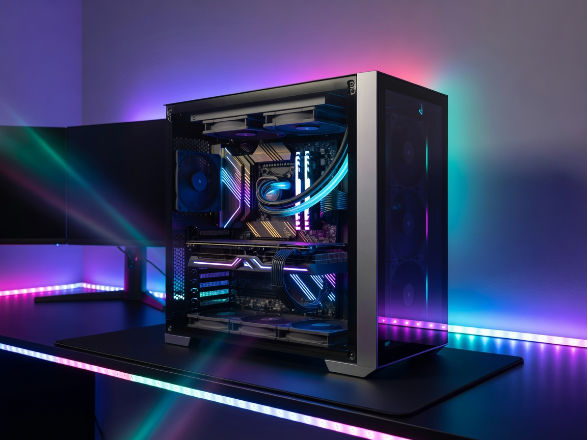 High performance gaming computer hardware and neon ambient setup